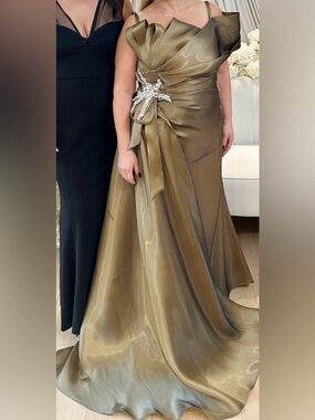 Satin Olive Prom Gown with Jeweled Side Accent